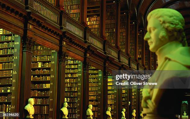 bust in longroom of old library in trinity college, dublin, leinster, ireland, europe - dublin historic stockfoto's en -beelden