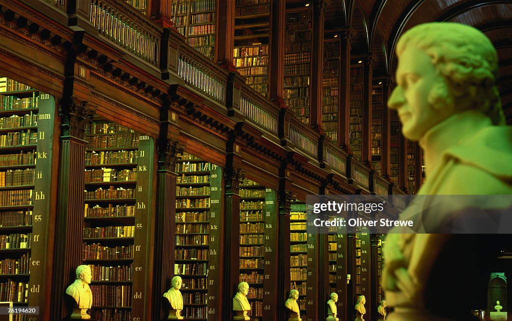 Bust in Longroom of Old Library in Trinity College, Dublin, Leinster, Ireland, Europe