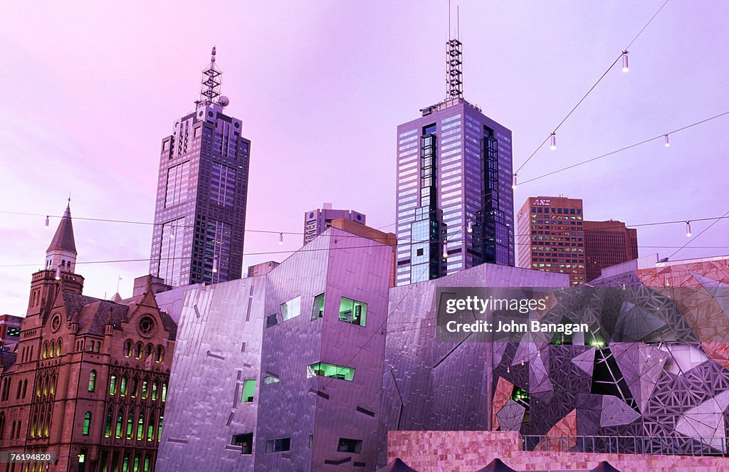 Federation Square at dusk, Melbourne, Victoria, Australia, Australasia