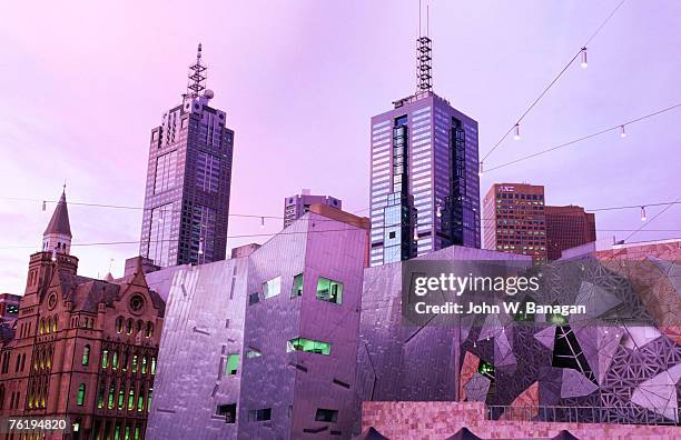 federation square at dusk, melbourne, victoria, australia, australasia - melbourne stock pictures, royalty-free photos & images