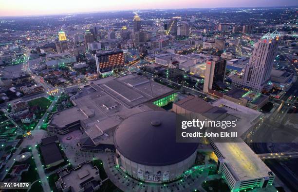 city at twilight from tower of the americas, san antonio, texas, united states of america, north america - san antonio texas night stock pictures, royalty-free photos & images