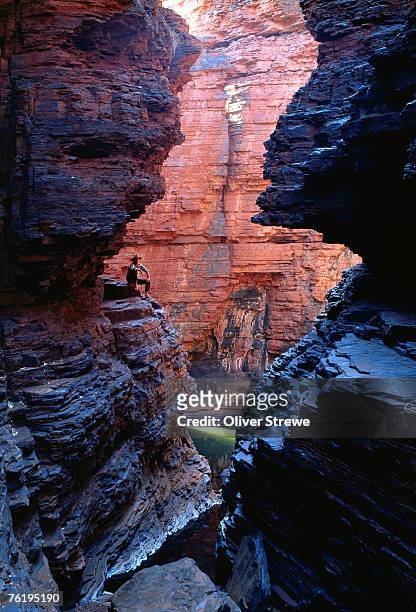 man in weano gorge, karijini national park, western australia, australia, australasia - karijini national park stock pictures, royalty-free photos & images
