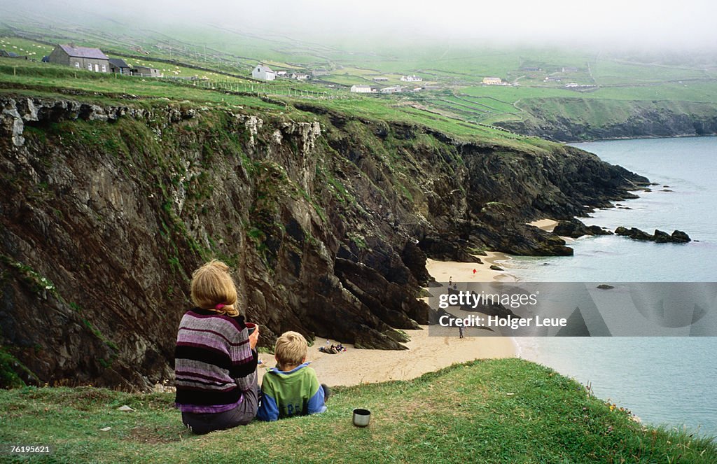 Mother with son enjoying Slea Head Beach, Dingle Peninsula.