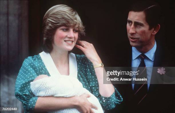 Prince Charles, Prince of Wales and Diana, Princess of Wales leave the Lindo Wing St Mary's Hospital with baby Prince William on June 22, 1982 in...
