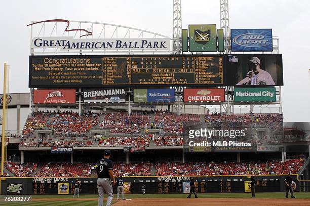 General view of the scoreboard during the MLB game between the Milwukee Brewers and the Cincinnati Reds on July 23, 2006 at Great American Ball Park...