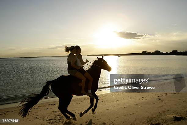 two girls horseriding along beach at yarra bay, botany bay, sydney, new south wales, australia, australasia - bay horse stockfoto's en -beelden