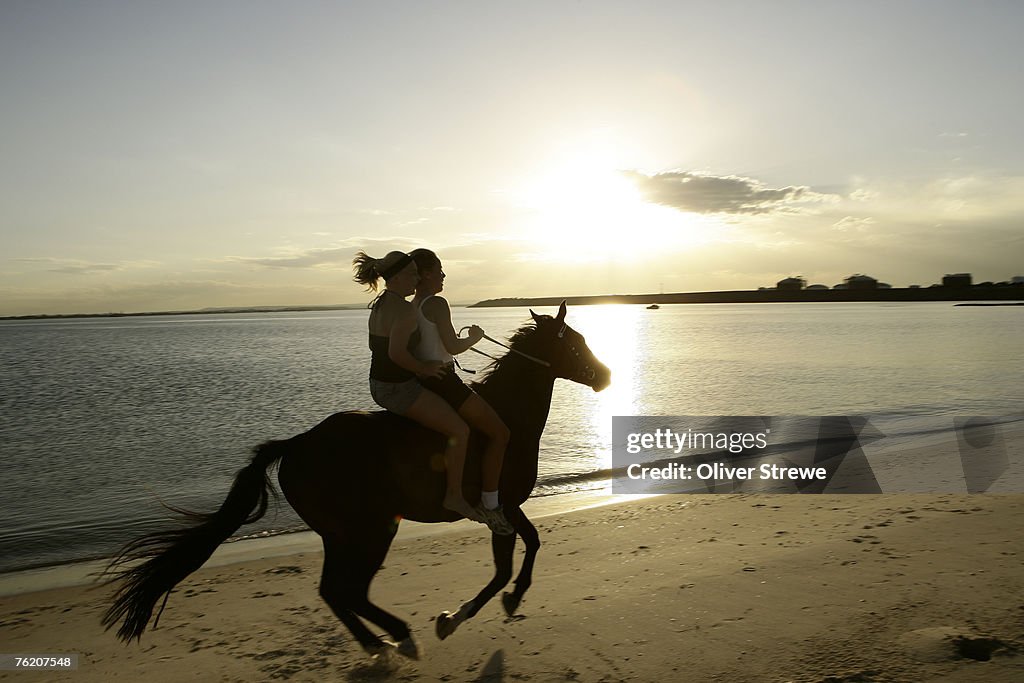 Two girls horseriding along beach at Yarra Bay, Botany Bay, Sydney, New South Wales, Australia, Australasia