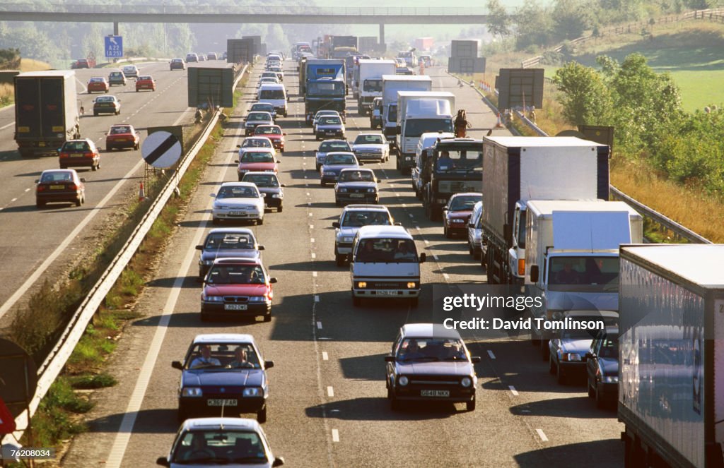 Traffic congestion on the M25 motorway, Surrey, England, United Kingdom, Europe
