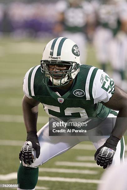 Linebacker David Harris of New York Jets in action against the Minnesota Vikings at Giants Stadium August 17, 2007 at the Meadowlands in East...