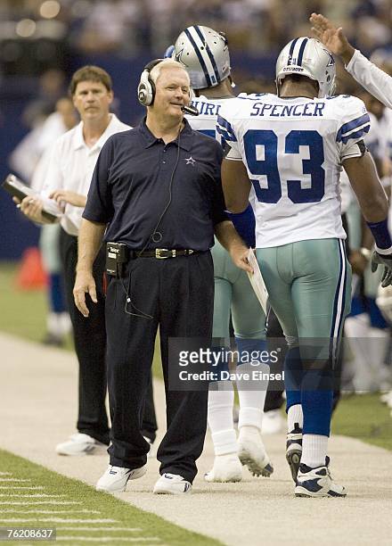 Dallas Cowboys head coach Wade Phillips watches play during a preseason game against the Denver Broncos at Texas Stadium on August 18, 2007 in...