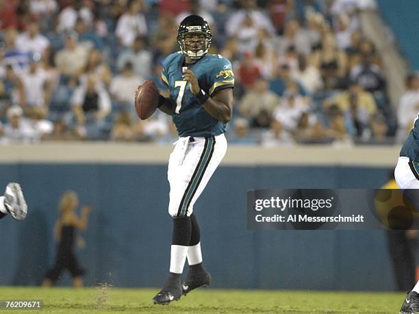 Quarterback Byron Leftwich of the Jacksonville Jaguars sets to pass against the Tampa Bay Buccaneers at Jacksonville Municipal Stadium on August 18,...