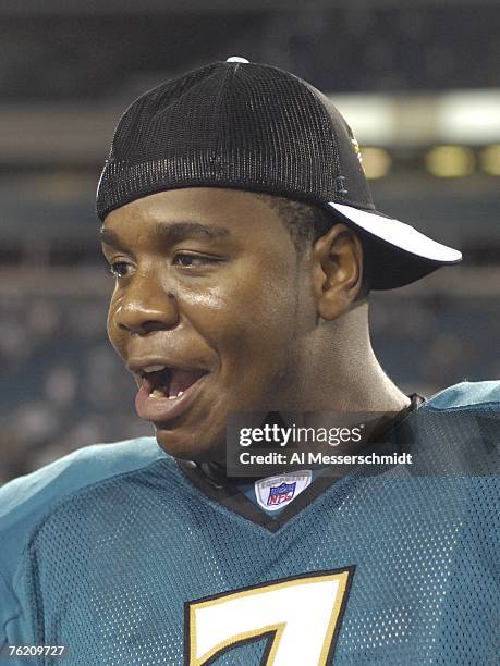 Quarterback Byron Leftwich of the Jacksonville Jaguars after play against the Tampa Bay Buccaneers at Jacksonville Municipal Stadium on August 18,...