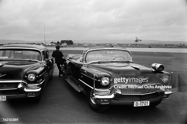 Cars wait to take President John F. Kennedy to Rudolph Wilde Platz for his famous "Ich bin ein Berliner" speech on June 26 in Berlin, West Germany.