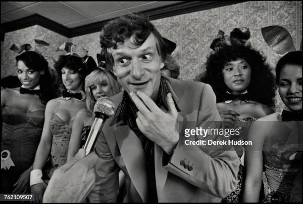 Playboy impresario Hugh Hefner being interviewed at the Grand Opening of the Playboy Hotel-Casino in Atlantic City, New Jersey, USA, 28th-29th April...