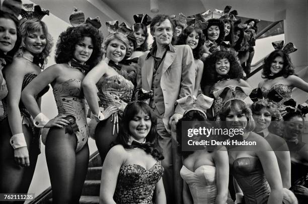 Playboy impresario Hugh Hefner with a group of Playboy Bunnies at the Grand Opening of the Playboy Hotel-Casino in Atlantic City, New Jersey, USA,...