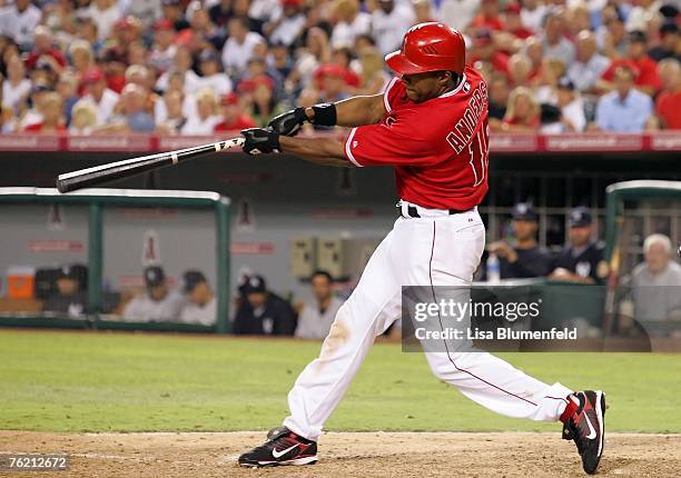 Garrett Anderson of the Los Angeles Angels of Anaheim at bat during the game against the New York Yankees at Angels Stadium on August 21, 2007 in...