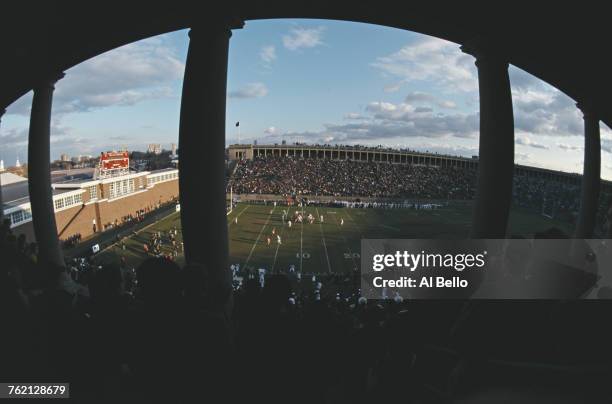 General view from the grandstand of the play action during the the NCAA Division I Conference Ivy League game between the Harvard University Crimson...