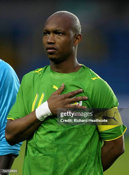 El Hadji Diouf of Senegal lines up for the national anthems before the international friendly match between Ghana and Senegal at The New Den on...