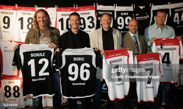 Christian Schulz, Fredi Bobic, Rudi Kargus, Andre Golke and Dieter Schlindwein pose during the press conference of the Football Legends Day at the Le...