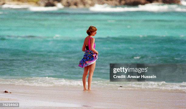 Diana, Princess of Wales, wearing a pink and black swimming costume, sunglasses and a sarong tied round her waist, stands alone on the beach while...