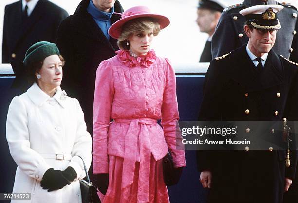 Princess Diana, Princess of Wales, stands with Princess Margaret and Prince Charles, Prince of Wales, as they wait to meet visiting Queen Beatrix of...