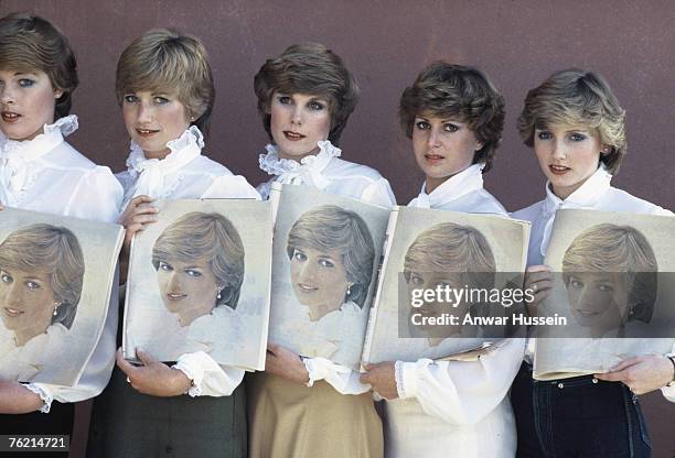 Diana, Princess of Wales look-alikes Karen Dumble, Margo McAldon, Gina Kremer, Joanne Dean and Belinda Wood, line up to meet Prince Charles, Prince...