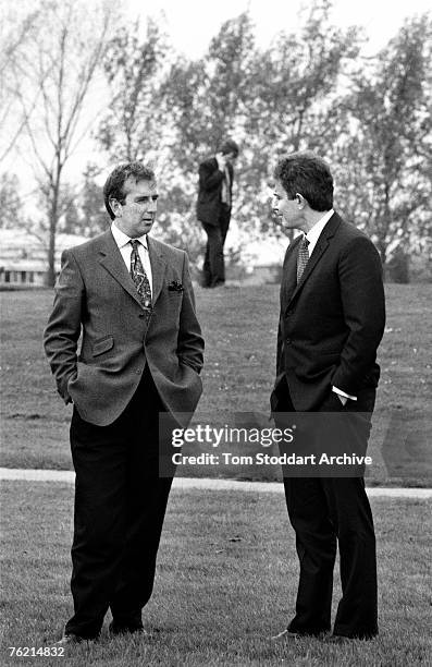 British author and journalist Robert Harris with Labour Party leader Tony Blair, during a period when Blair gave Harris access Labour's election...