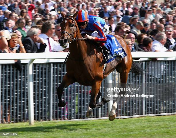 Johnny Murtagh rides Peeping Fawn to victory in The Darley Yorkshire Oaks during The Ebor Festival at York Racecourse on August 22, 2007 in York,...