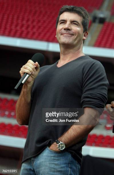 Simon Cowell on stage during The Concert For Diana held at Wembley Stadium on July 1, 2007 in London. The concert marked the 10th anniversary of...