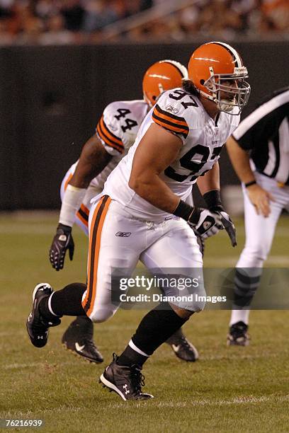 Defensive lineman Chase Pittman of the Cleveland Browns rushes the passer during the game versus the Detroit Lions on August 18, 2007 at Cleveland...