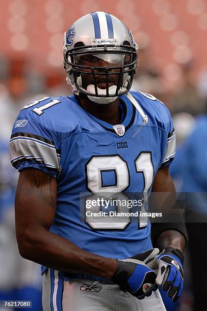 Wide receiver Calvin Johnson of the Detroit Lions warms up prior to the game versus the Cleveland Browns on August 18, 2007 at Cleveland Browns...