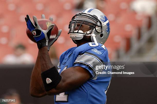 Wide receiver Calvin Johnson of the Detroit Lions catches a pass prior to the game versus the Cleveland Browns on August 18, 2007 at Cleveland Browns...