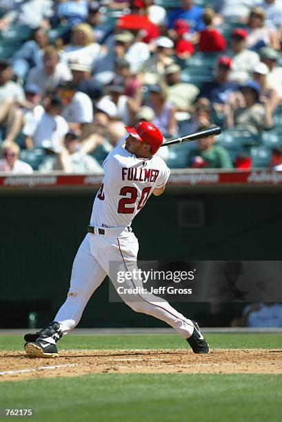 Brad Fullmer of the Anaheim Angels swings at the pitch during their game against the Chicago White Sox on May 12, 2002 at Edison Field in Anaheim,...