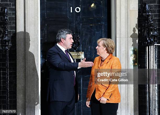 Prime Minister Gordon Brown meets with German Chancellor Angela Merkel at 10 Downing Street on August 22, 2007 in London, England. They are to attend...