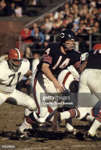 Quarterback Bobby Douglass of the Chicago Bears hands the ball to running back Gale Sayers during a game on November 30, 1969 against the Cleveland...