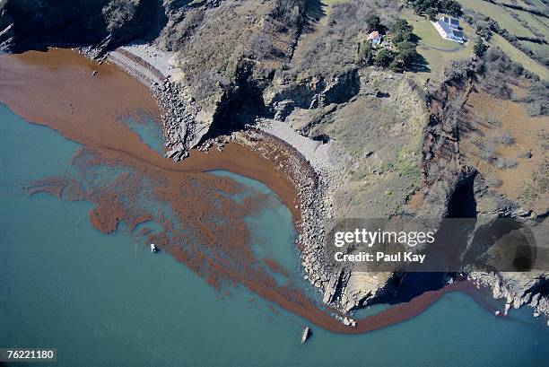 oiled, inaccessible bay just east of tenby, south wales, uk - oil slick stock pictures, royalty-free photos & images