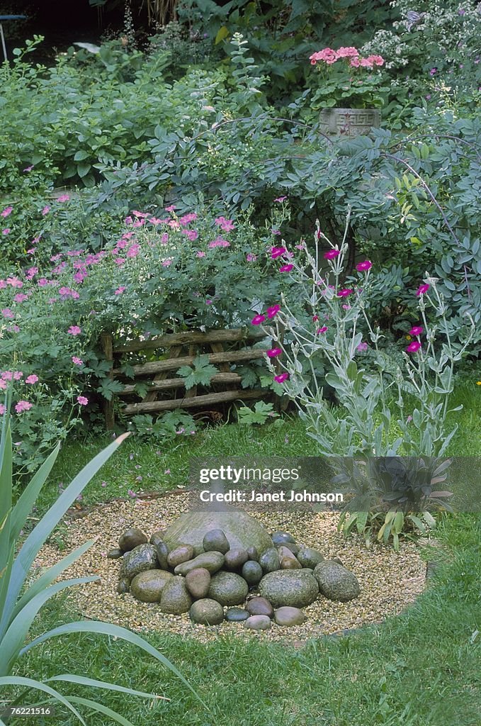 Bubble pebble fountain lawn with geranium, lychnis coronarium, rosa glauca border, july, pepys road, df sorrell designer
