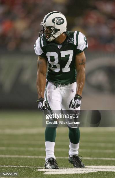 Laveranues Coles of the New York Jets lines up for a play against the Minnesota Vikings during their preseason game on August 17, 2007 at Giants...