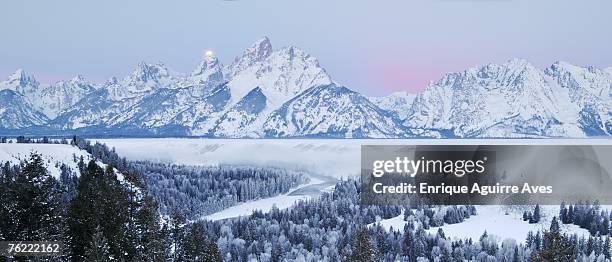 sunrise over grand tetons in winter, grand teton national park, wyoming, usa - winter panoramic stock pictures, royalty-free photos & images