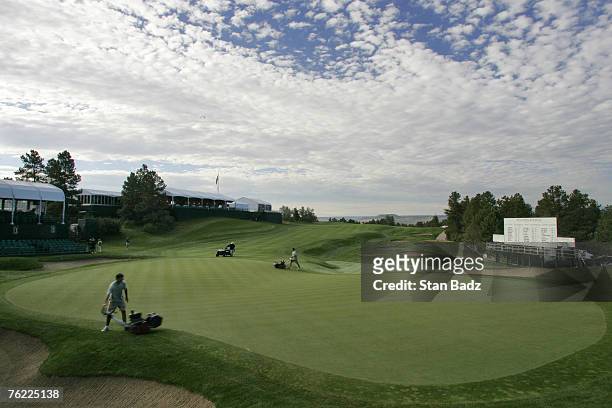 Course scenic of the 18th green at sunrise during the fourth and final round of The INTERNATIONAL held at Castle Pines Golf Club in Castle Rock,...