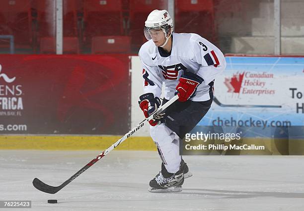 Jonathon Blum of Team USA White skates against Team Finland during an exhibition game on August 8, 2007 at the 1980 Rink Herb Brooks Arena in Lake...