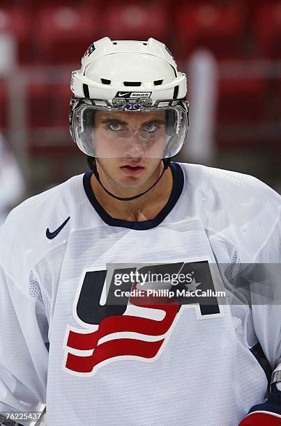 Brennan of Team USA White skates against Team Finland during an exhibition game on August 8, 2007 at the 1980 Rink Herb Brooks Arena in Lake Placid,...