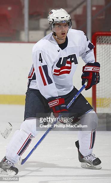 Bob Sanguinetti of Team USA White skates against Team Finland during an exhibition game on August 8, 2007 at the 1980 Rink Herb Brooks Arena in Lake...