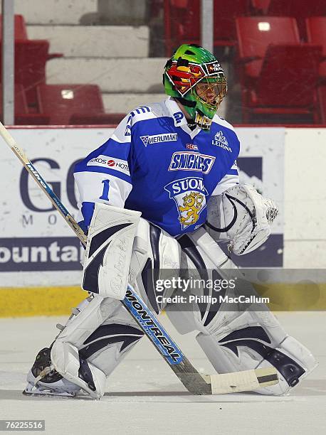 Goaltender Riku Helenius of Team Finland defends his net against Team USA White during an exhibition game on August 8, 2007 at the 1980 Rink Herb...