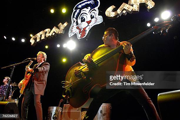 Slim Jim Phantom Brian Setzer, and Lee Rocker of the Stray Cats perform as part of "Jacks First Show" at Arco Arena on August 21, 2007 in Sacramento,...