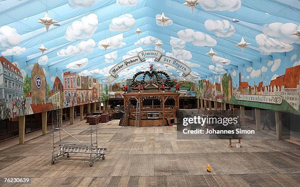 Inside view of the Hacker-Pschorr beer tent, seen during the build up of the world famous Oktoberfest on August 23, 2007 in Munich, Germany. The...