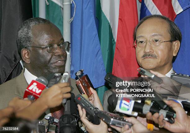 Thai Foreign Minister Nitya Pibulsonggram with Top UN envoy, Ibrahim Gambari attend a press conference at the Foreign Ministry in Bangkok, 13...