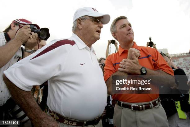 Clemson head coach Tommy Bowden talks with Florida State head coach Bobby Bowden prior to the Tigers win over the Seminoles Sept. 16 at Doak Campbell...