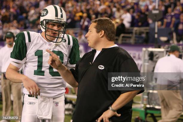 New York Jets Head Coach Eric Mangini and QB Chad Pennington in action during the New York Jets 26-13 victory over the Minnesota VIkings at the HHH...