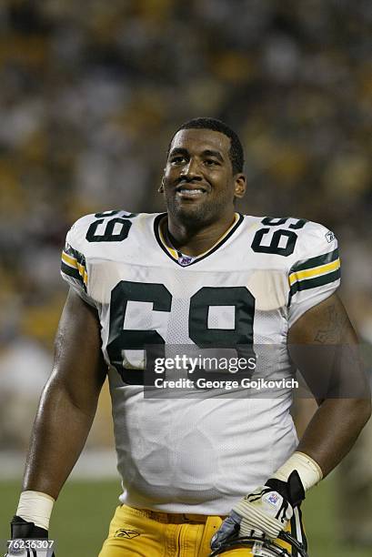 Offensive lineman Orrin Thompson of the Green Bay Packers on the sideline during a preseason game against the Pittsburgh Steelers at Heinz Field on...